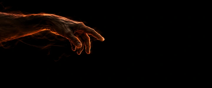 Mano relajada de Adán en sombra, delineada por luz naranja